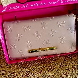 Betsey Johnson Light Pink Bow Embossed Wallet, with Soft, Cozy Cream Scarf